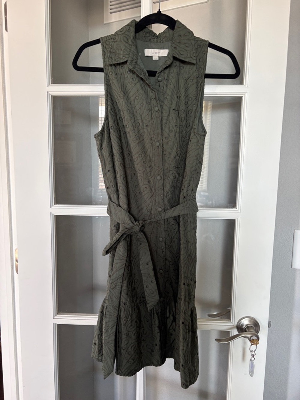 LOFT Olive Eyelet Sleeveless Tie-Waist Midi Dress